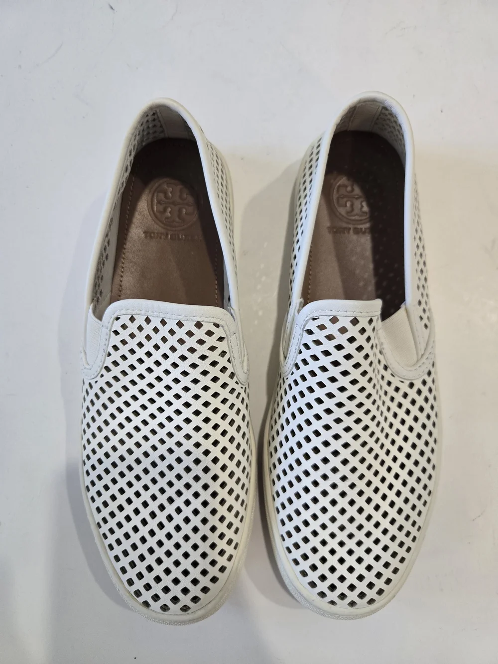 Tory Burch White Perforated Leather Slip-Ons with Brown Insole